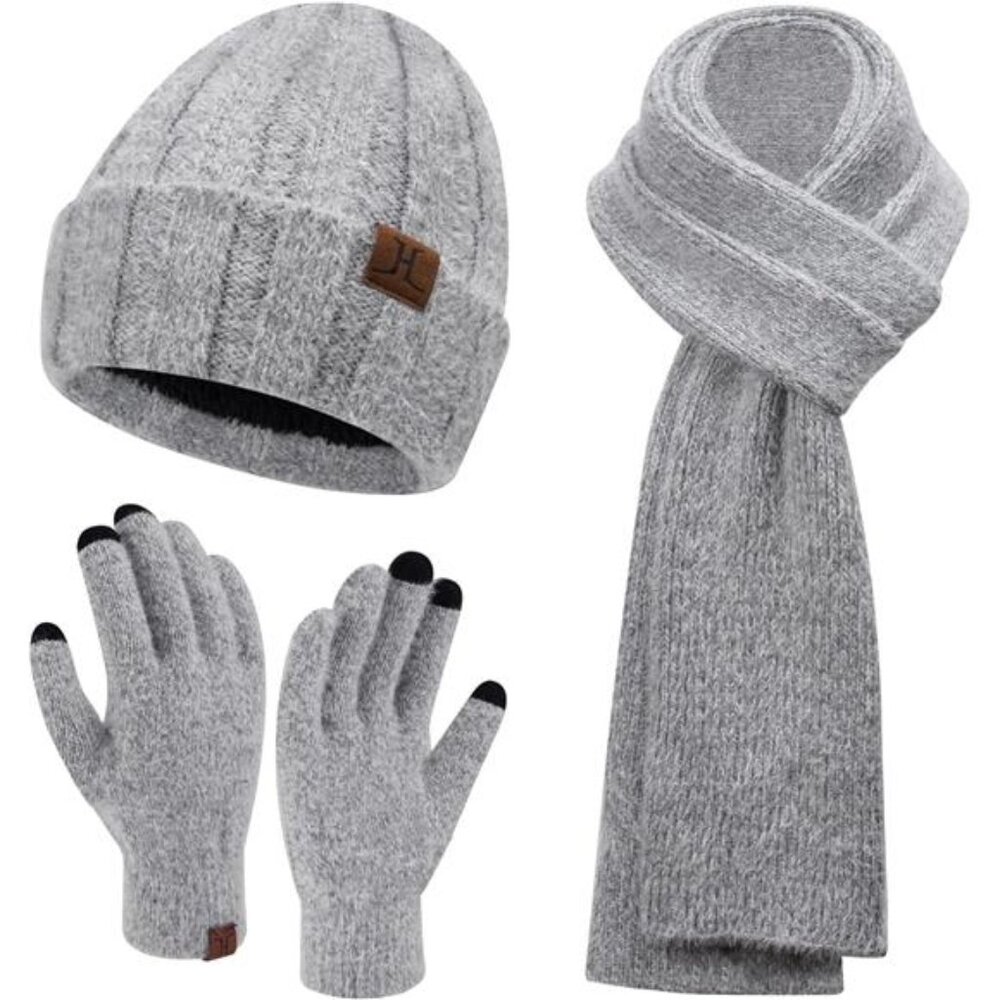 Womens Winter Warm Knit Beanie Hat Touchscreen Gloves Long Neck Scarf Set